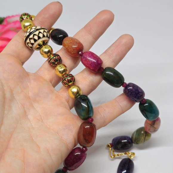 Enamel Cloisonne Crackle Agate Beaded Statement Necklace Gold Green Red Purple - Picture 5 of 14